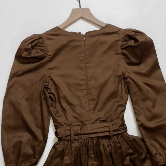 NWT!! LAROQUE Emma Dress Solid Brown Tie Waist Puff Sleeves Pleated X-Small - Picture 8 of 13